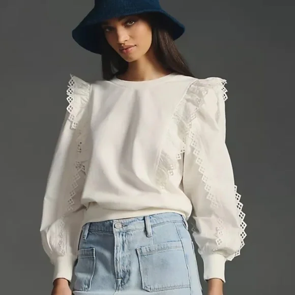 NWT Anthropologie Ruffle Sleeve White Top XS - Picture 1 of 4